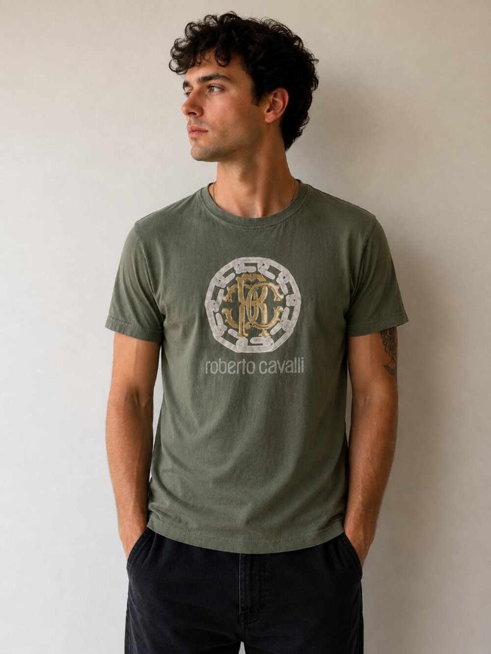 Roberto Cavalli Olive Green Logo Short Sleeve Tee